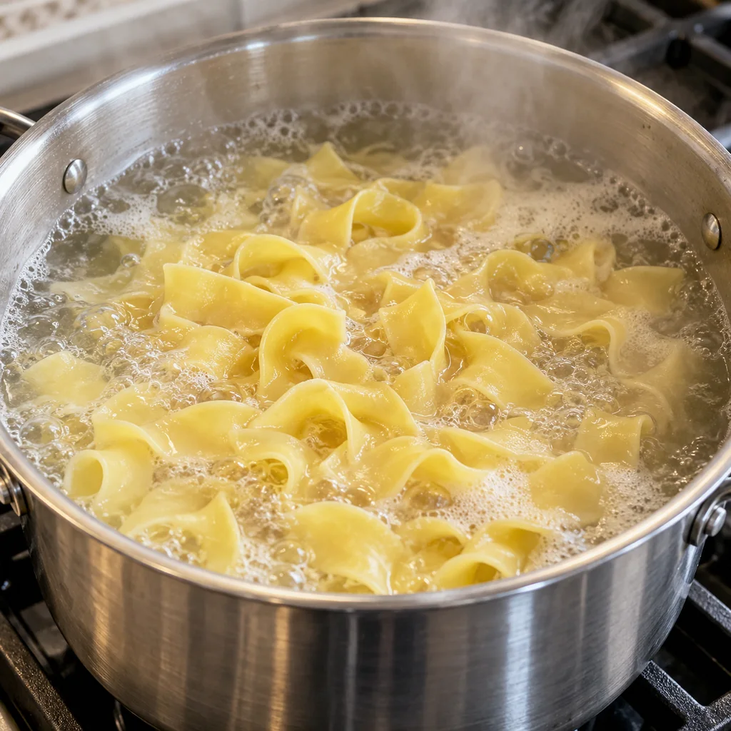 Wide egg noodles boiling in a pot of salted water