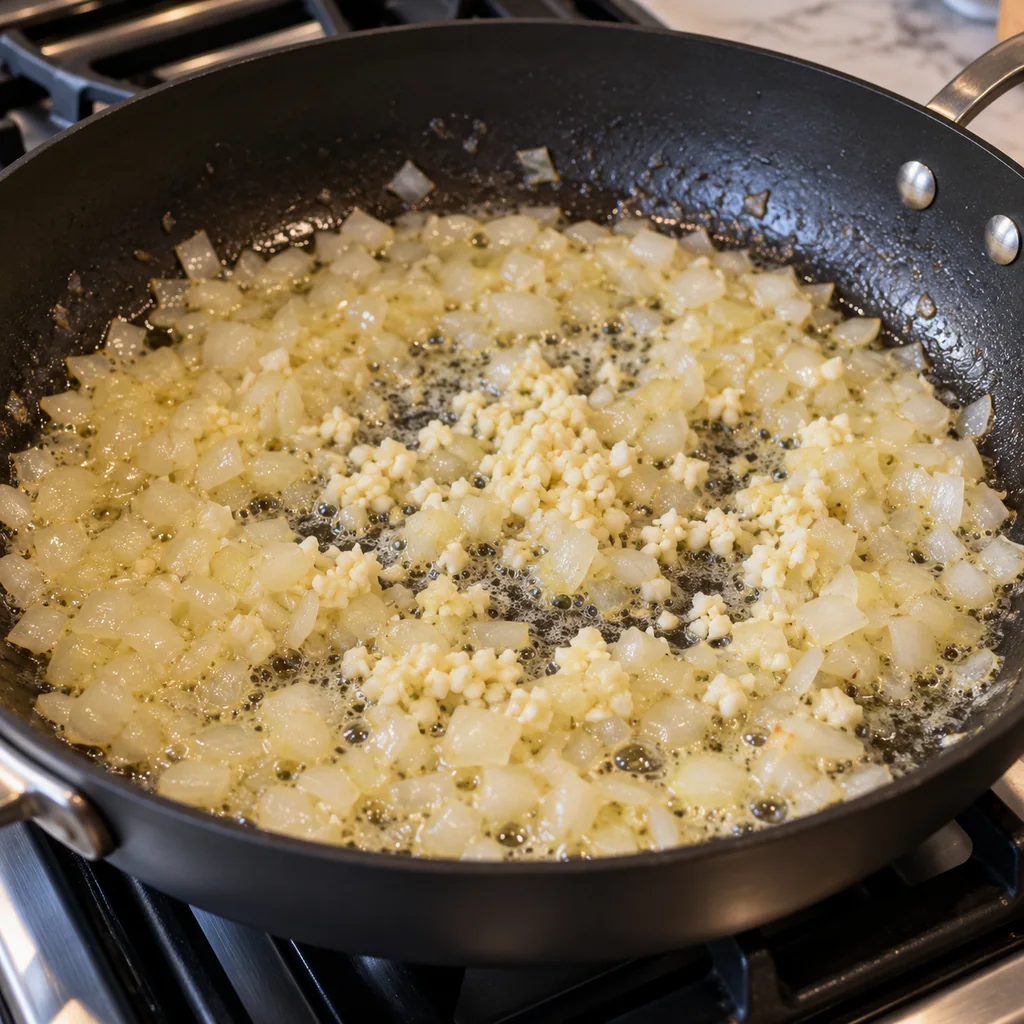 Chopped onion softening in butter with minced garlic in a wide skillet