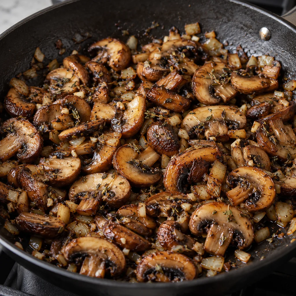 Sliced cremini mushrooms browned with softened onion and garlic in a wide skillet