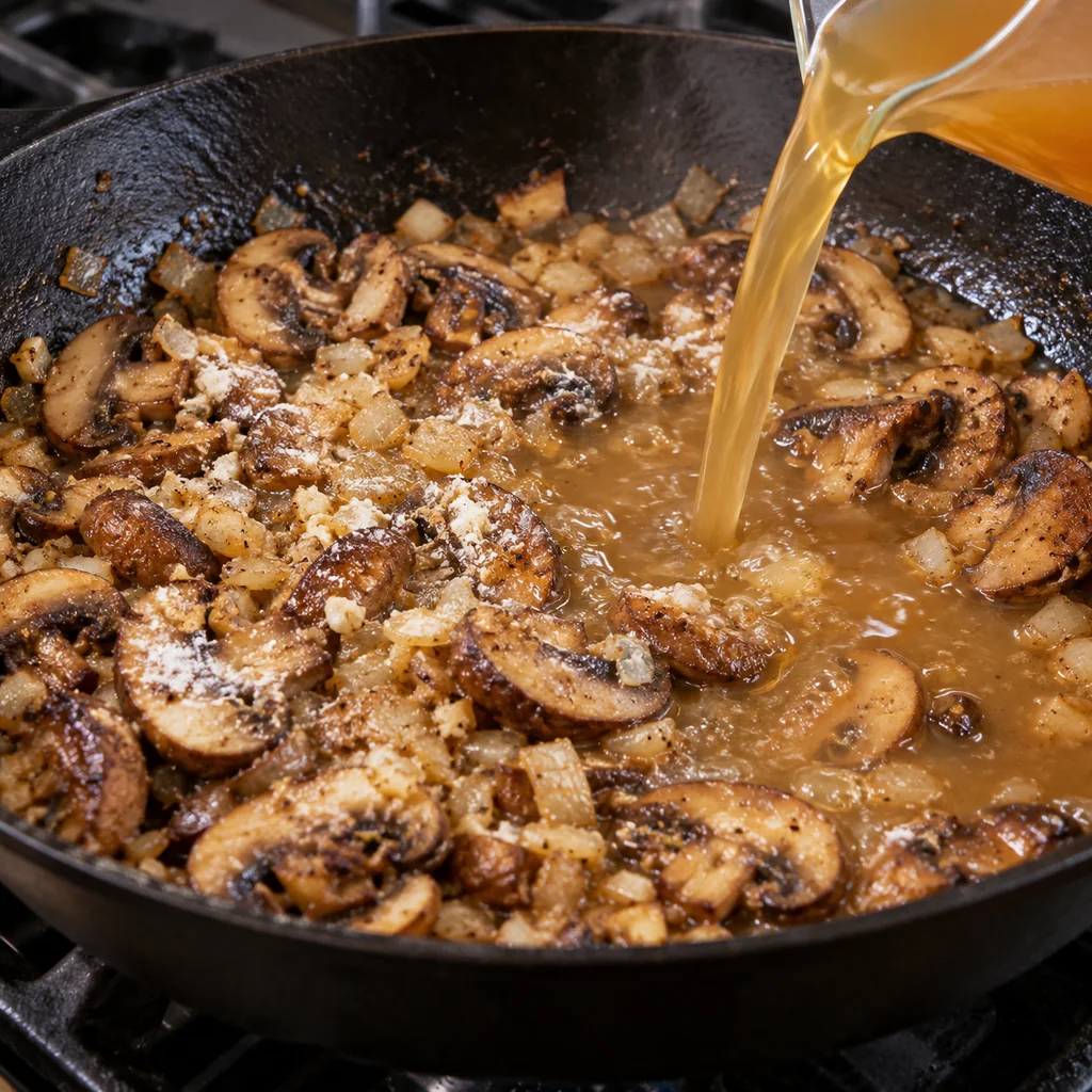 Browned mushrooms coated with flour as vegetable broth is stirred into the skillet