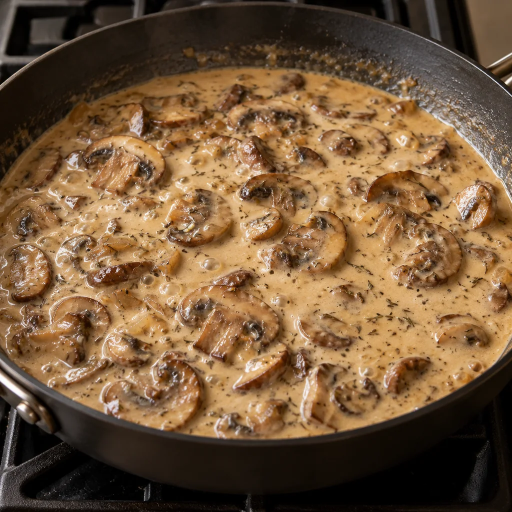 Mushrooms simmering in a smooth pale cream sauce in a skillet
