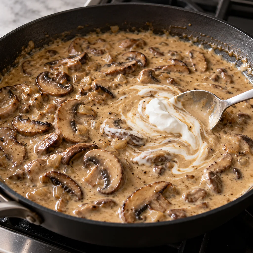 A spoonful of sour cream being folded into warm mushroom stroganoff sauce off the boil