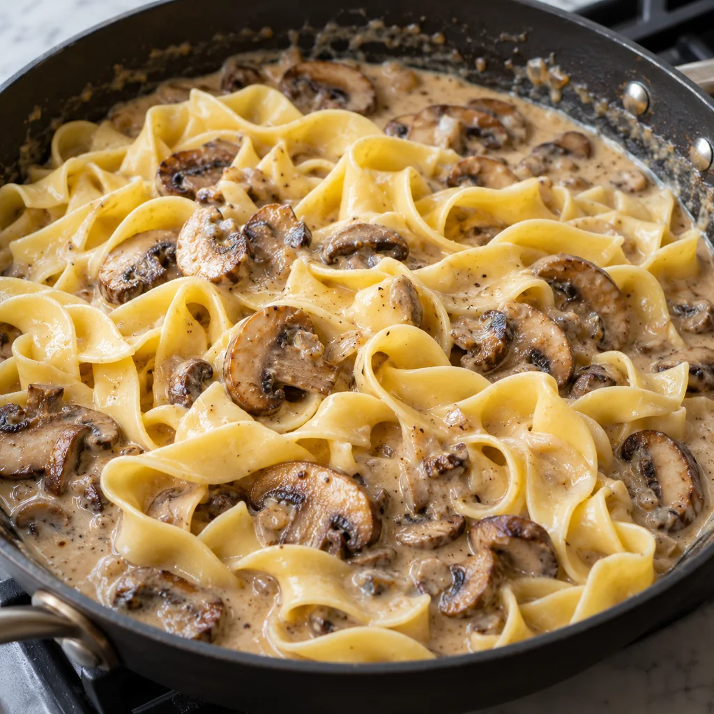 Cooked egg noodles being folded through creamy mushroom sauce in a wide skillet