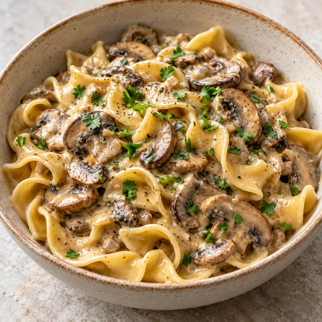 Creamy mushroom stroganoff with egg noodles plated and finished with chopped parsley