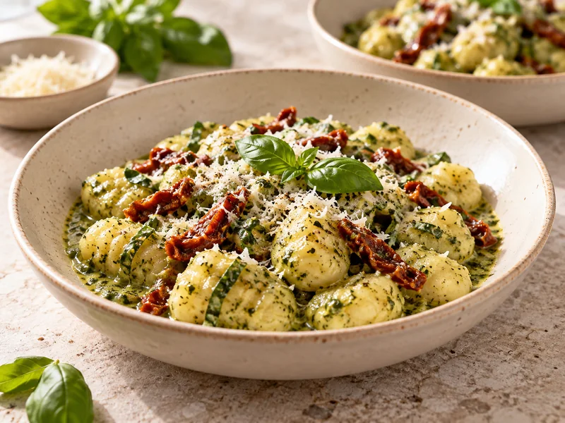 Creamy pesto gnocchi with sun-dried tomatoes, grated Parmesan and fresh basil in a shallow bowl