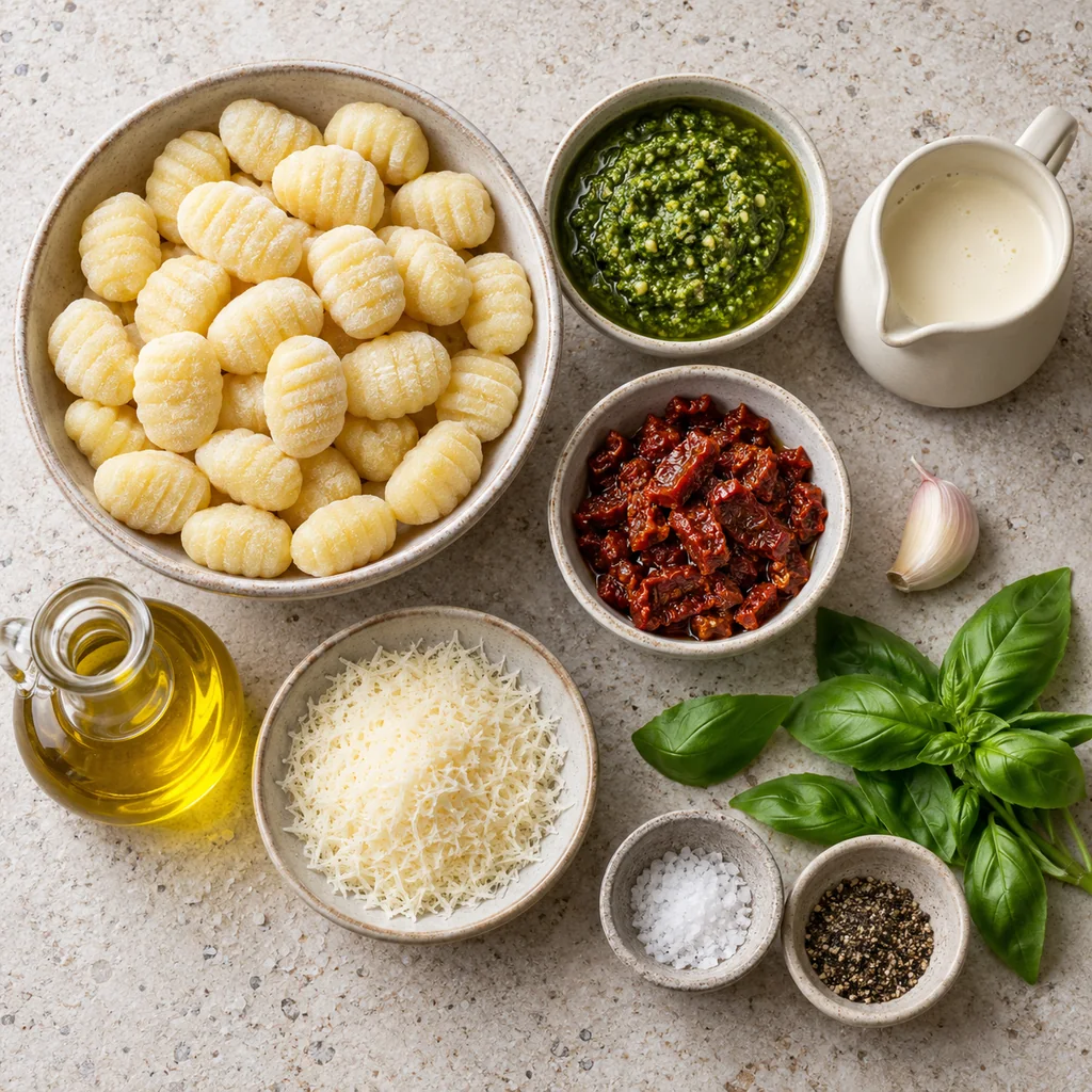 Uncooked potato gnocchi, basil pesto, cream, sun-dried tomatoes, garlic, olive oil, Parmesan and basil arranged separately