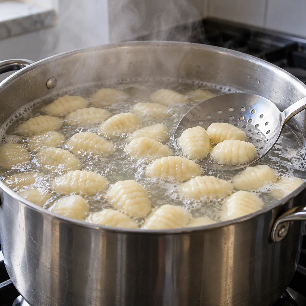Potato gnocchi floating in boiling water beside a slotted spoon
