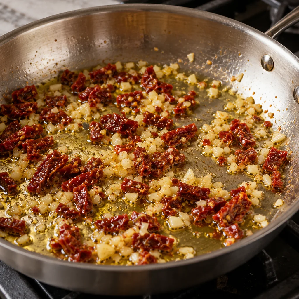 Minced garlic and chopped sun-dried tomatoes sautéing in olive oil in a skillet