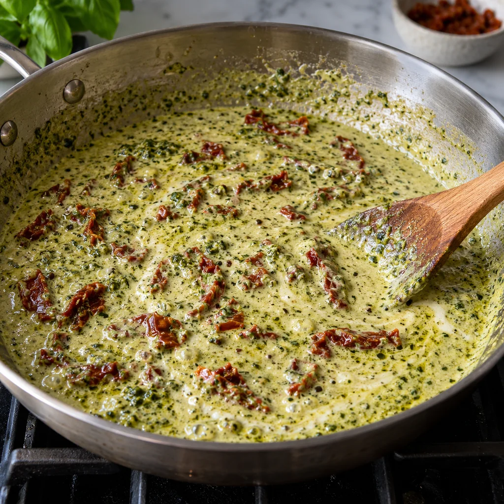 Creamy basil pesto sauce with sun-dried tomatoes gently simmering in a skillet
