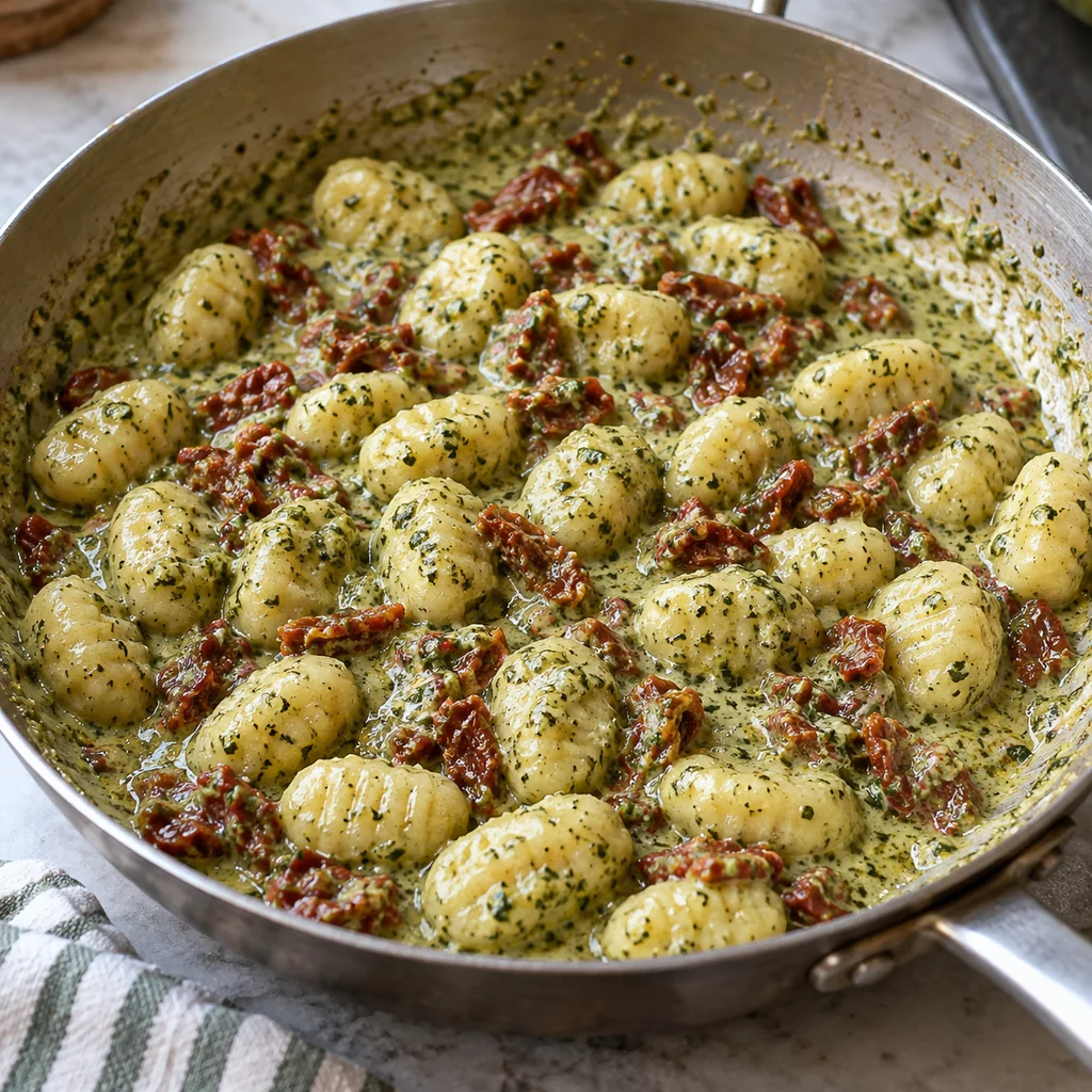 Cooked gnocchi coated in creamy pesto sauce with sun-dried tomatoes in a skillet