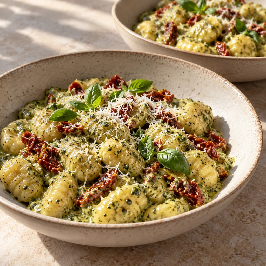 Finished creamy pesto gnocchi with sun-dried tomatoes, grated Parmesan and fresh basil in bowls