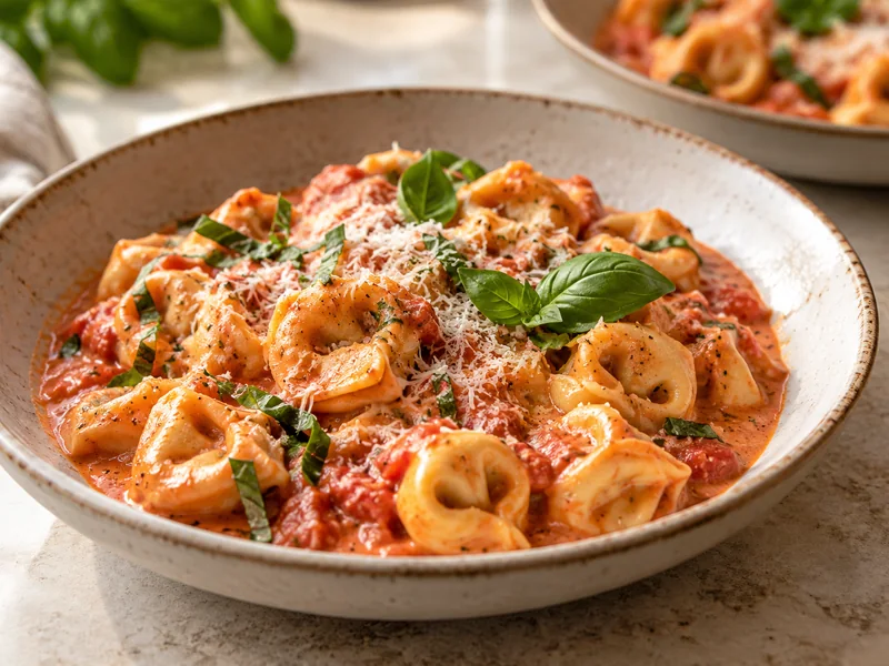 Finished creamy tomato basil cheese tortellini topped with basil and Parmesan in a shallow bowl