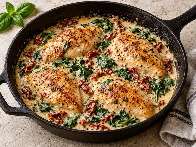 Creamy Tuscan chicken skillet with golden chicken, spinach and sun-dried tomatoes