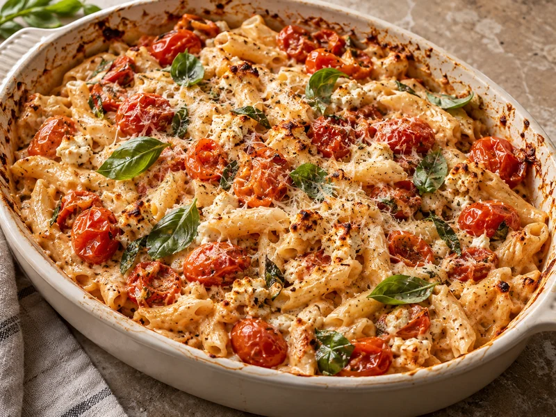 Creamy baked feta pasta with blistered cherry tomatoes and basil