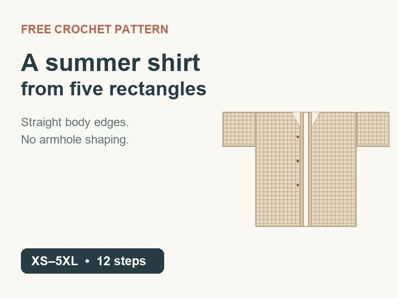 Schematic of a button-front crochet summer shirt made from five rectangles, with straight sides and sleeves