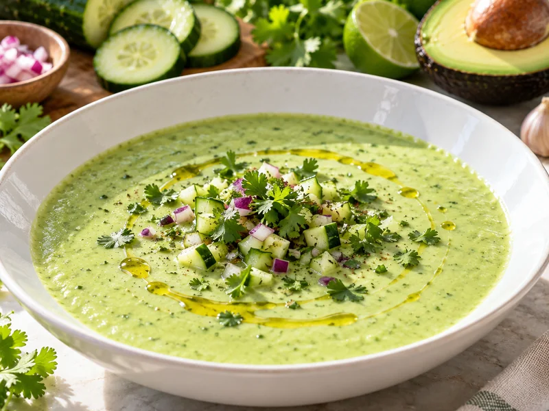 Chilled cucumber and avocado gazpacho with fresh herbs and olive oil in a white bowl