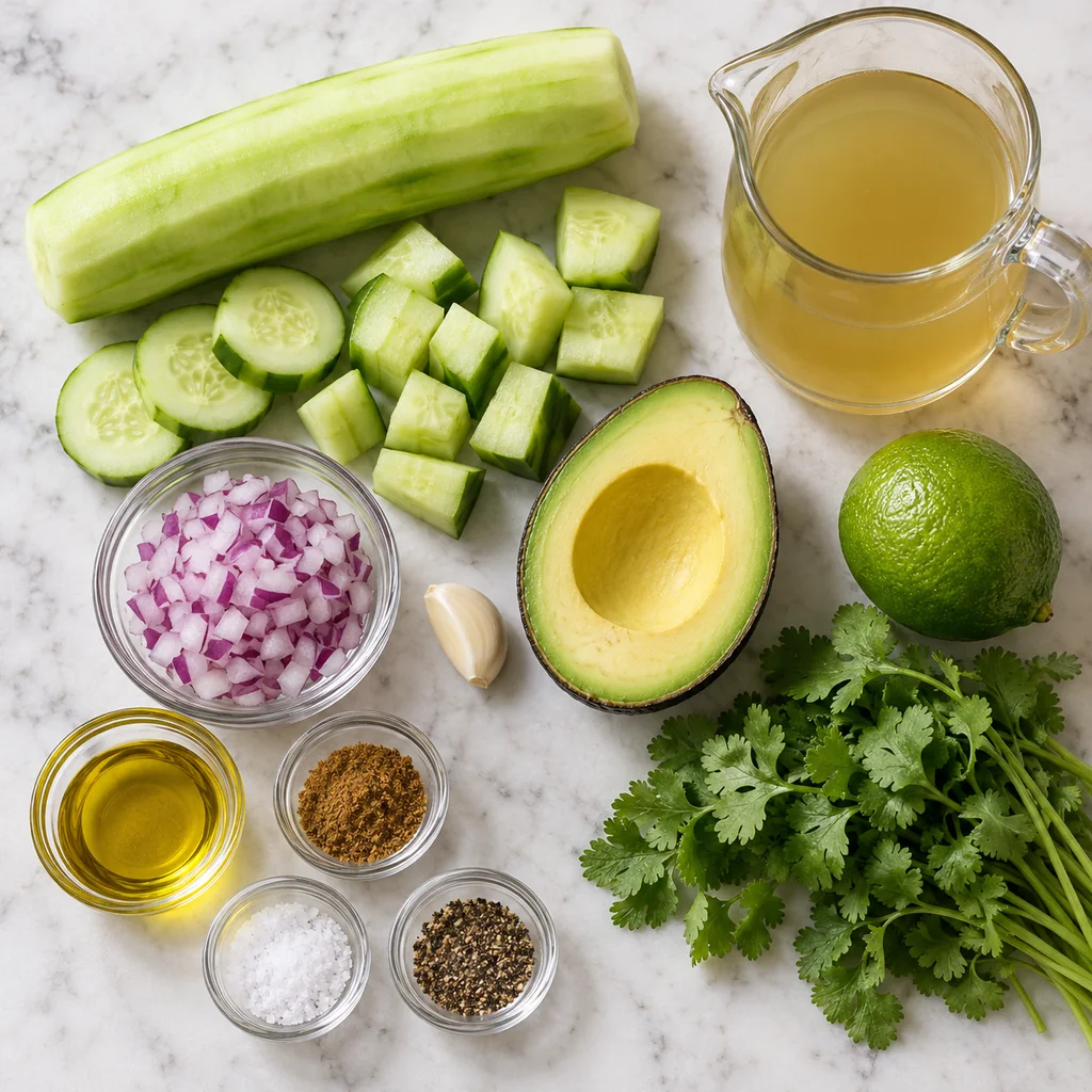 Cucumber, pitted avocado, red onion, garlic, vegetable broth, olive oil, lime, cumin and herbs for gazpacho