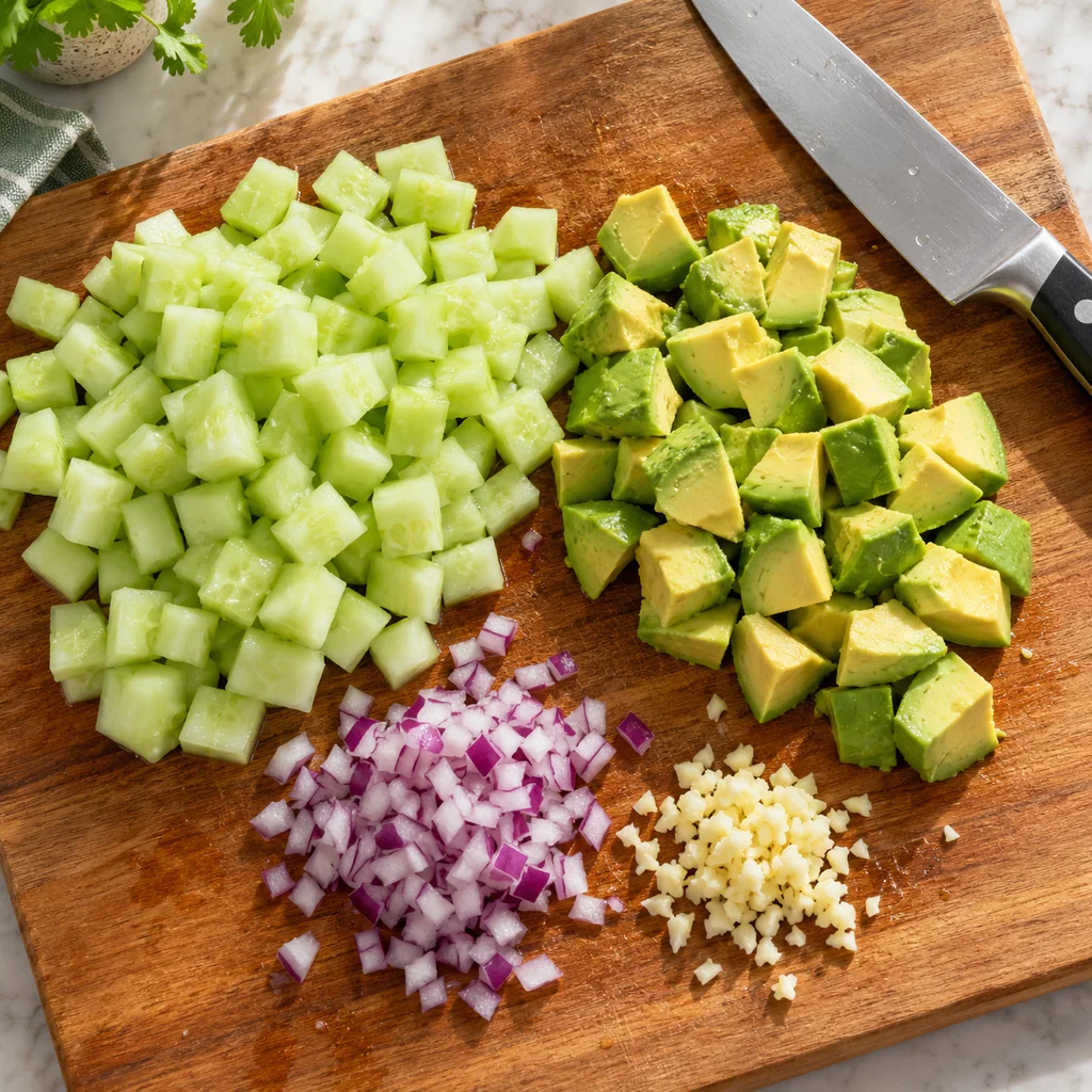 Peeled cucumber and pitted avocado chopped with red onion and minced garlic on a cutting board