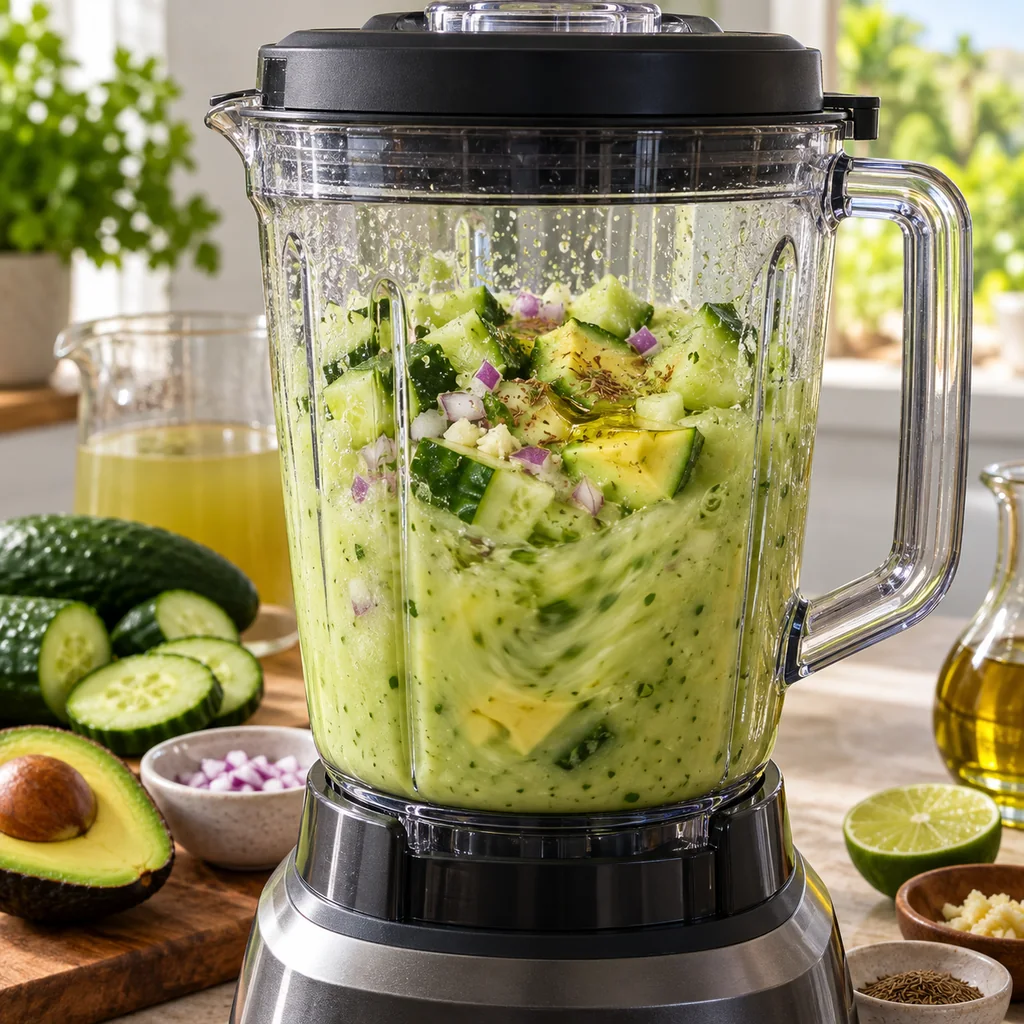 Cucumber, avocado, onion, garlic, broth, lime and oil blending into pale green gazpacho