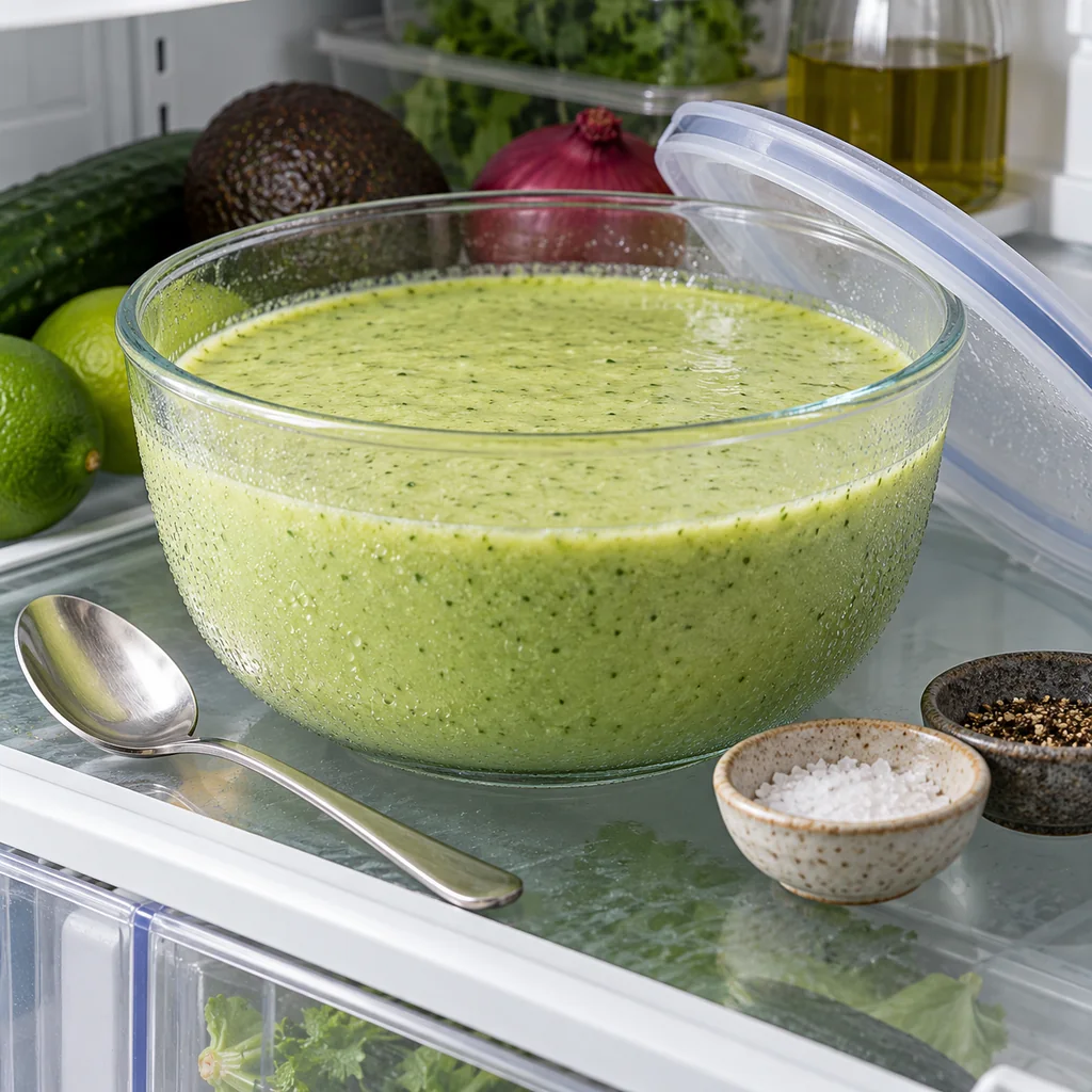 Smooth cucumber avocado gazpacho in a covered glass bowl chilling in the refrigerator