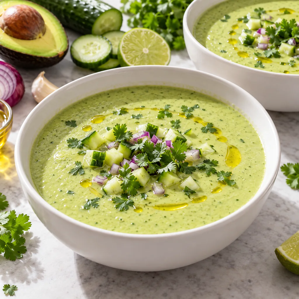 Chilled pale green cucumber avocado gazpacho served with herbs, cucumber pieces and olive oil
