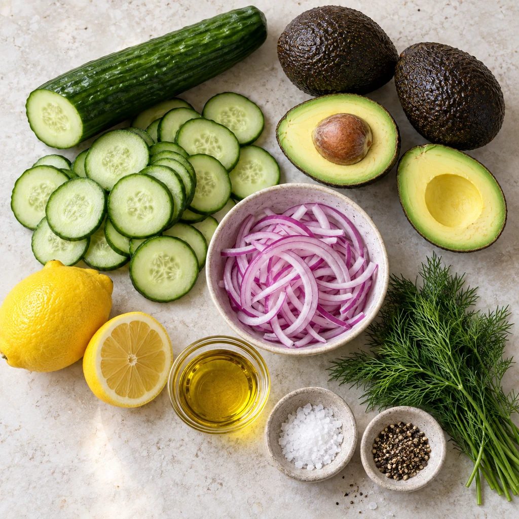 Cucumber, avocados, red onion, lemon, olive oil, dill, salt and pepper arranged for the salad