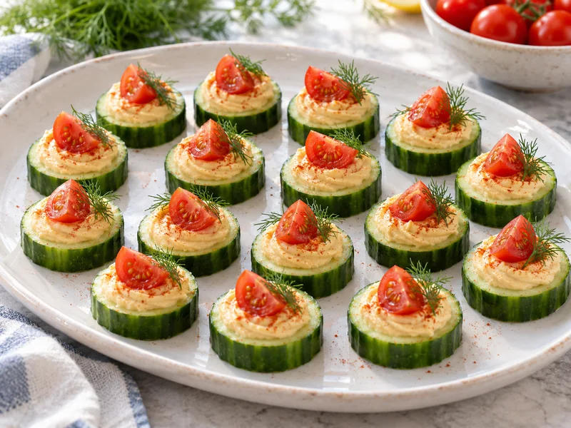 Cucumber hummus bites with cherry tomatoes, dill and paprika