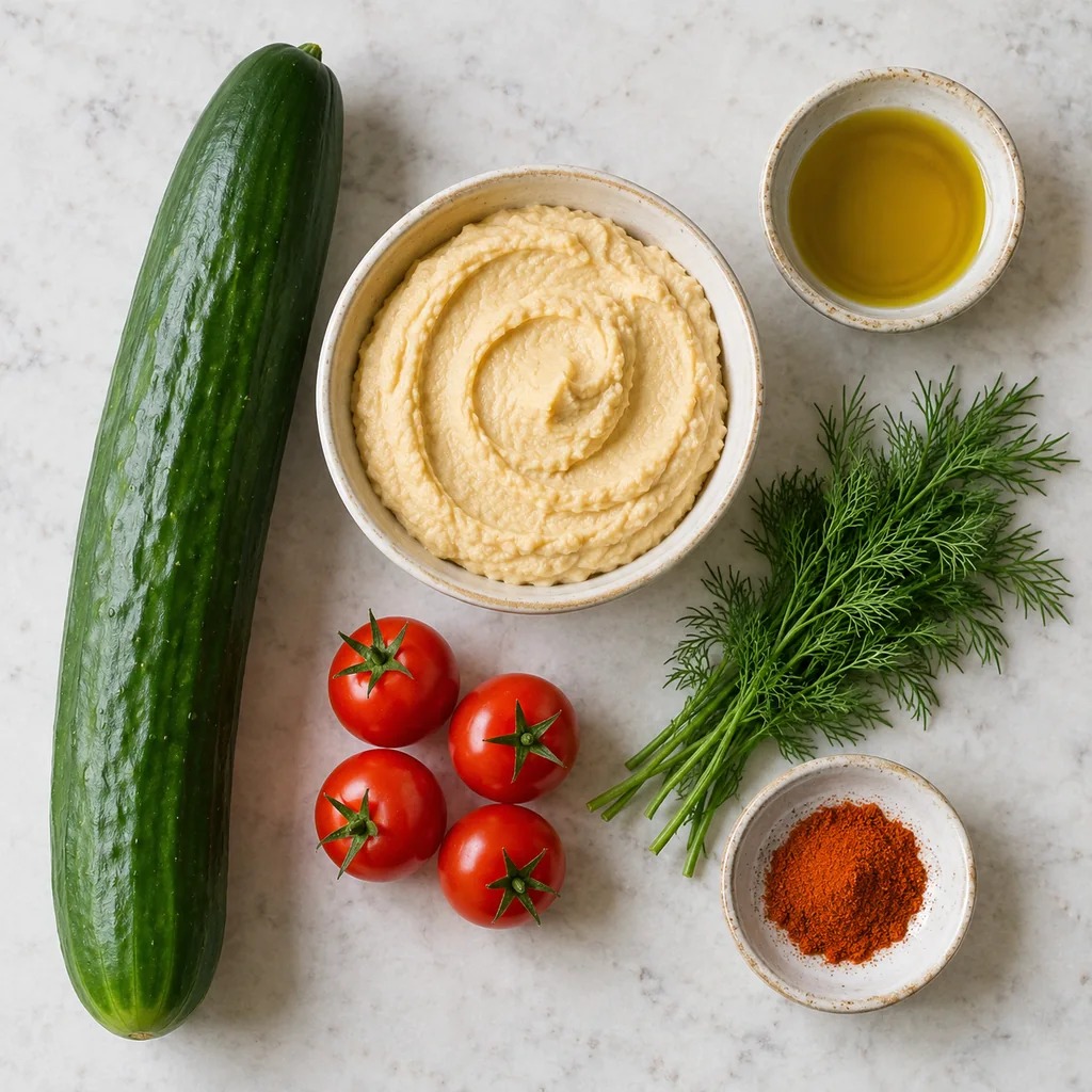 English cucumber, hummus, cherry tomatoes, dill, paprika and olive oil
