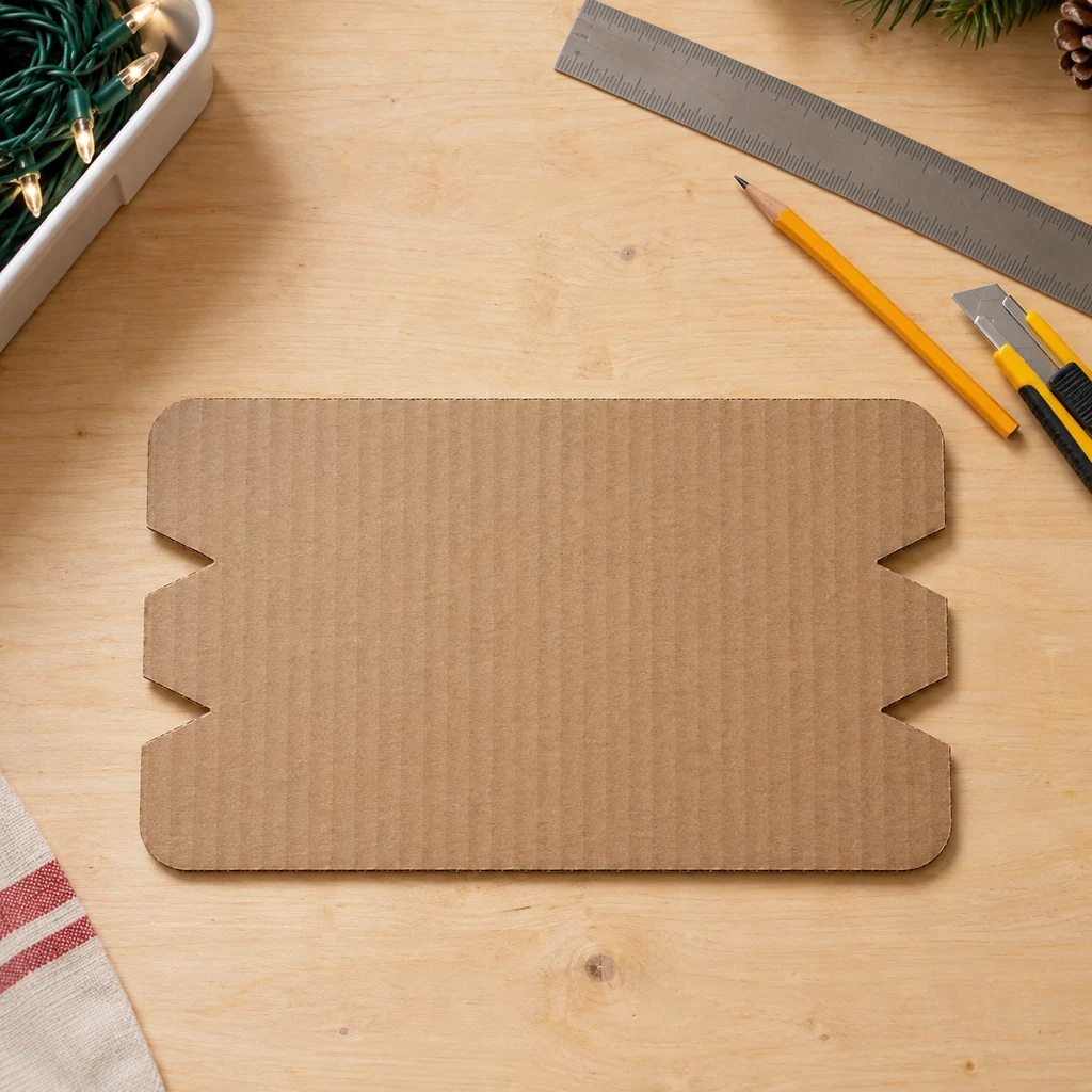 Corrugated cardboard light wrap with rounded corners and four V-shaped edge notches