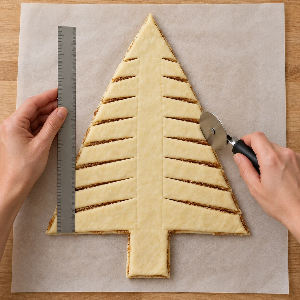 Equal horizontal branches cut into layered cinnamon puff pastry while the center remains intact