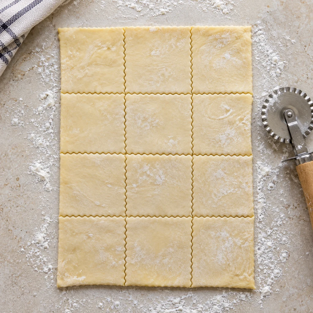 Cold puff pastry cut into twelve equal squares in a three-by-four grid