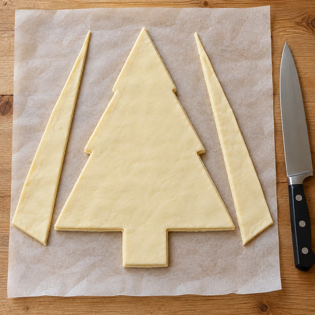 Two-layer puff pastry cut into a triangular Christmas tree with a rectangular trunk