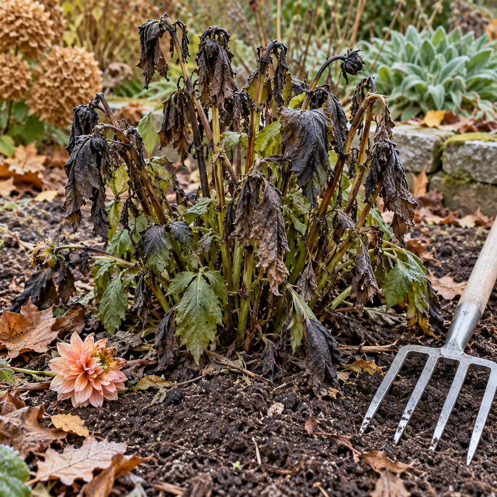 Frost-damaged dahlia foliage in a fall garden before lifting the tubers