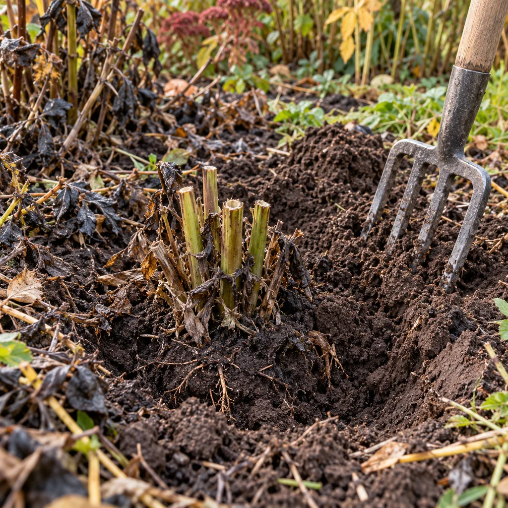 Trimmed dahlia stems with a garden fork loosening soil beside the crown
