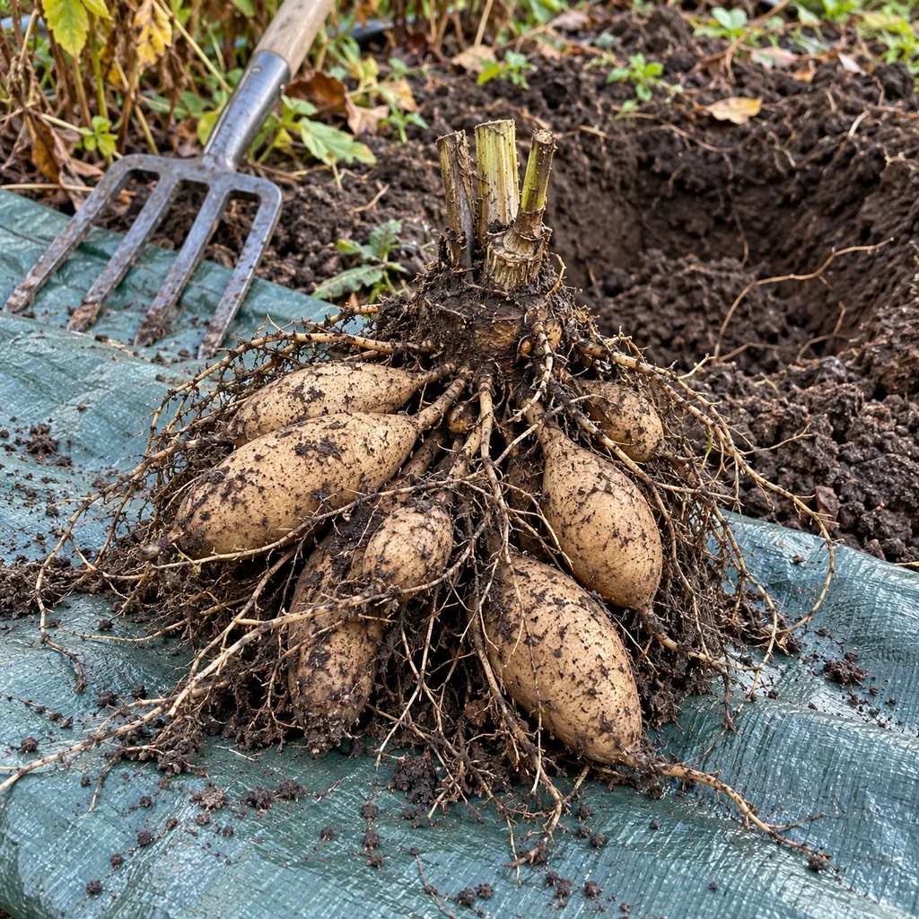 Freshly lifted whole dahlia clump on a tarp with the crown and necks intact