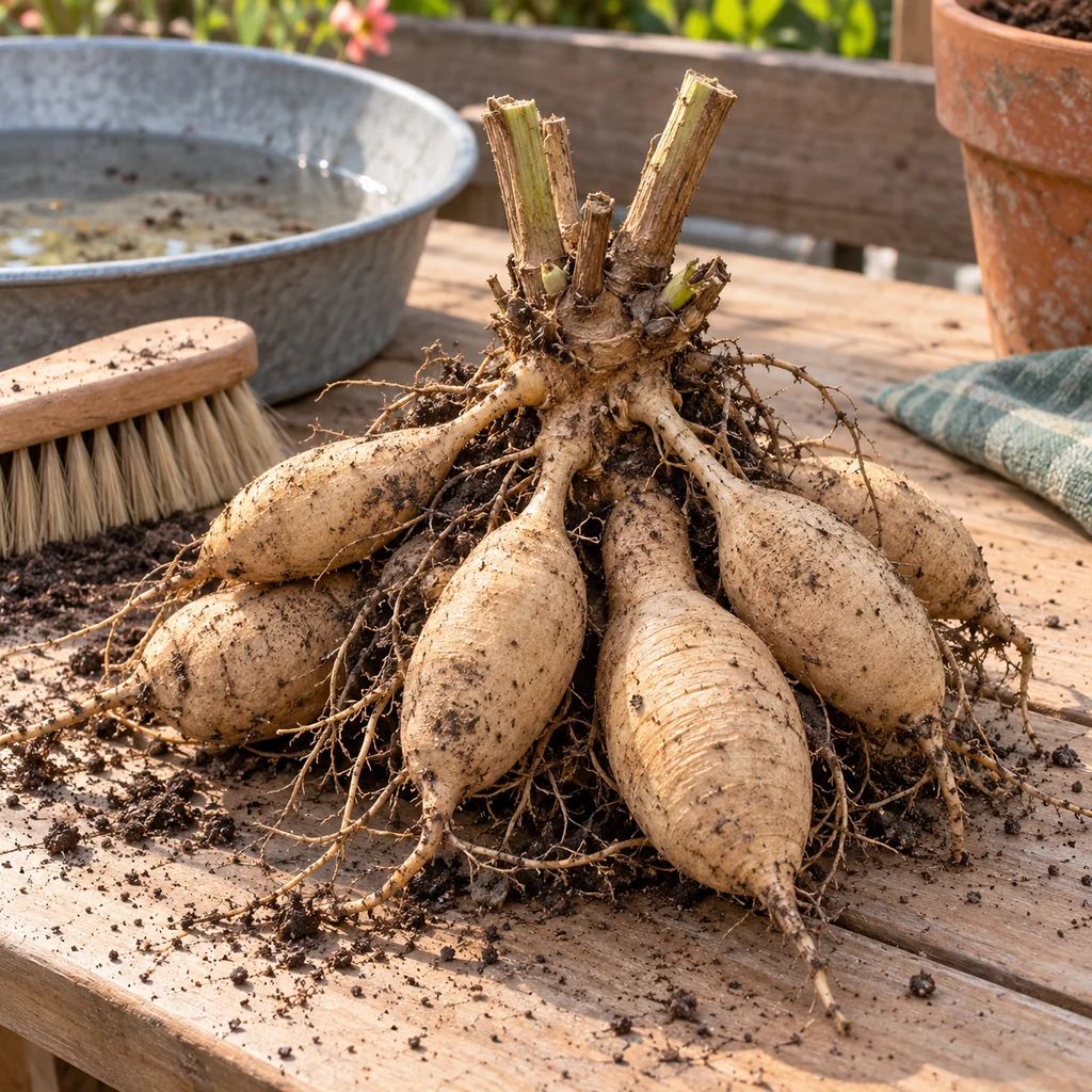 Cleaned dahlia tuber clump showing its crown and attached narrow necks