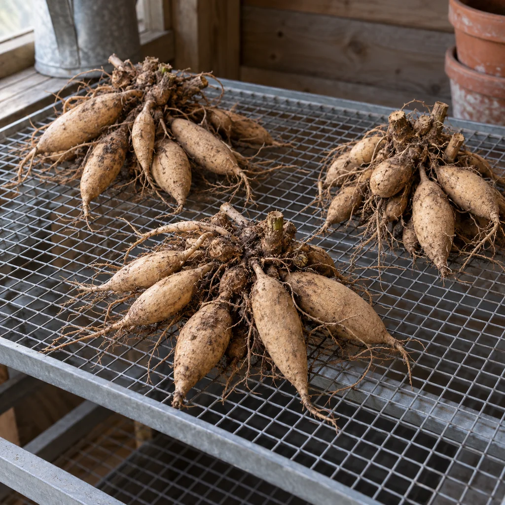 Dahlia tuber clumps spaced in one layer on a raised mesh drying rack