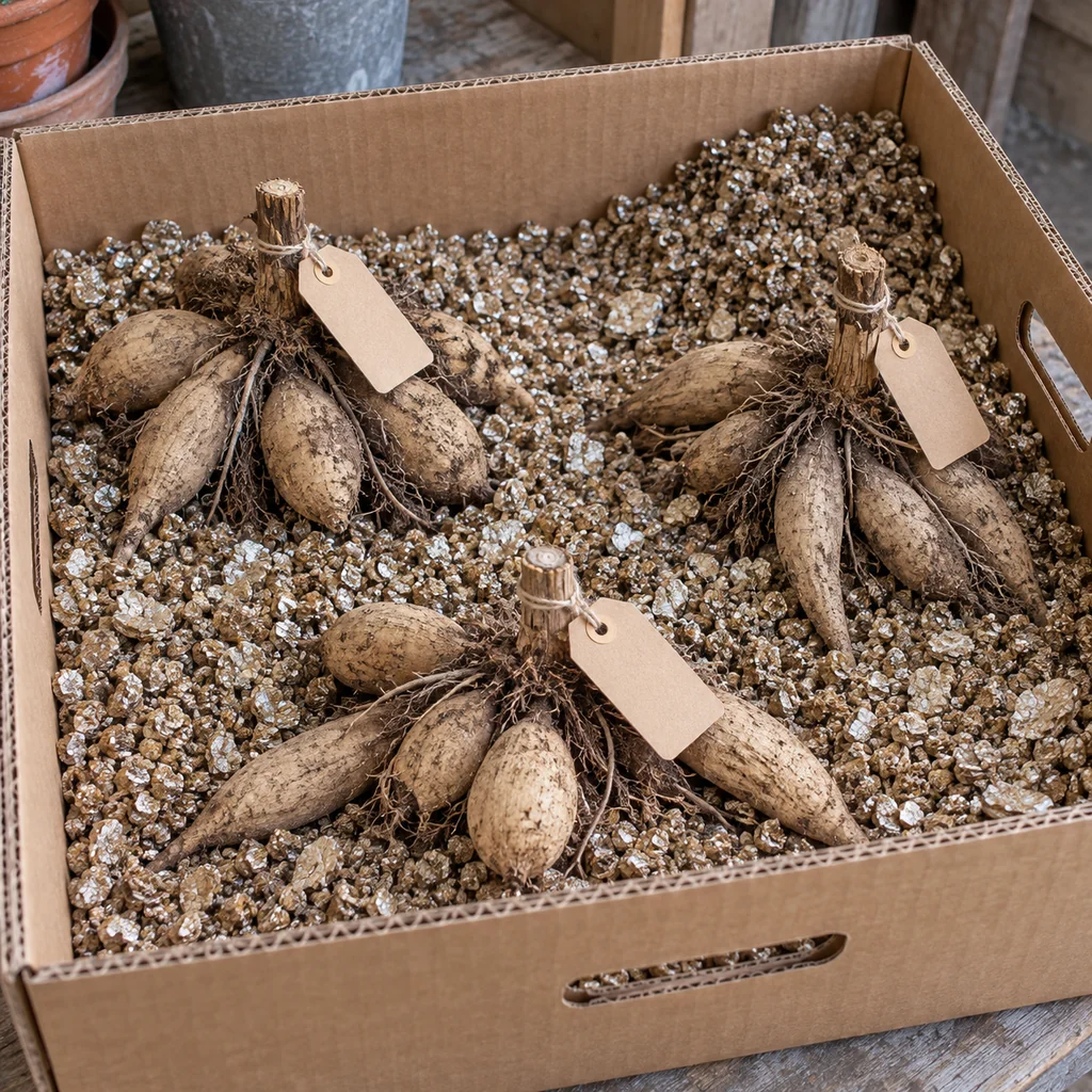 Labeled intact dahlia clumps separated in a shallow crate of coarse vermiculite