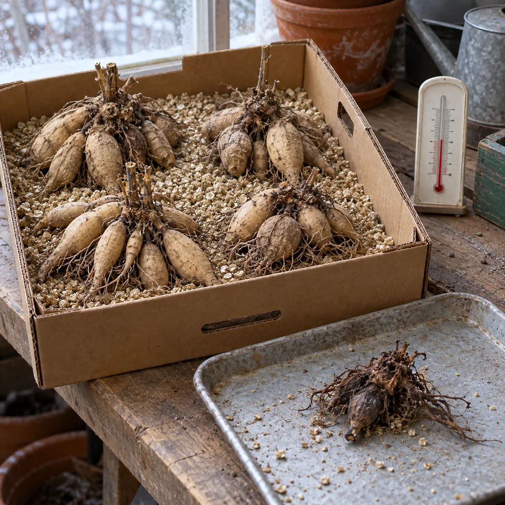 Dahlia tubers in a winter storage crate with a deteriorated clump isolated on a tray
