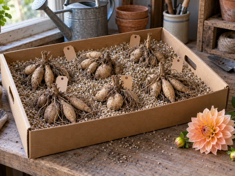 Labeled dahlia tuber clumps packed separately in a shallow crate of vermiculite for winter storage.