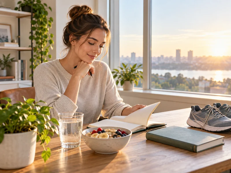 Woman planning her day at a bright home workspace with breakfast, water, books, and walking shoes