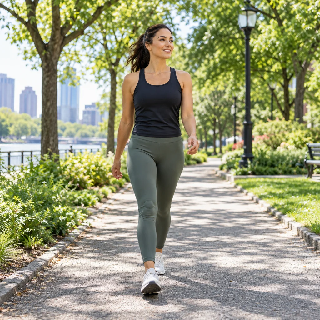 Woman taking a brisk midday walk along a green city park path