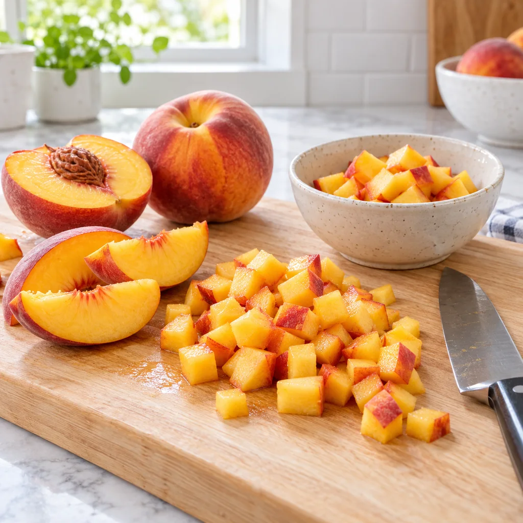 Ripe peaches diced on a cutting board with reserved cubes in a bowl