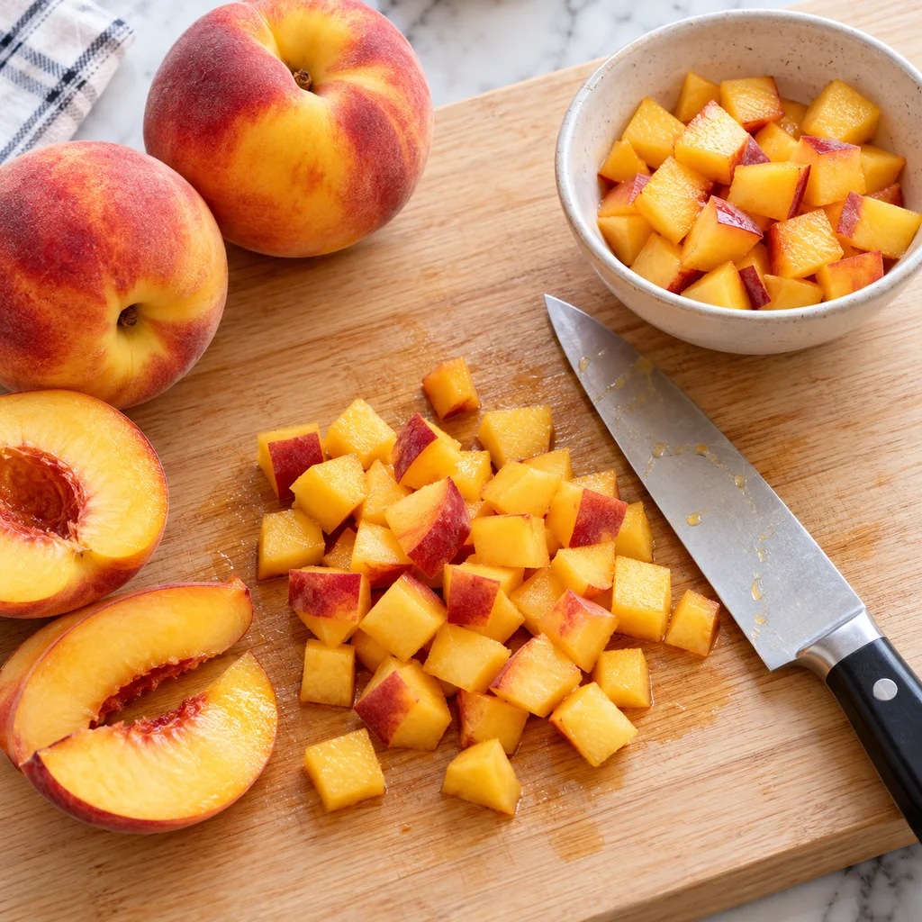 Ripe peaches diced on a cutting board with some pieces reserved in a bowl