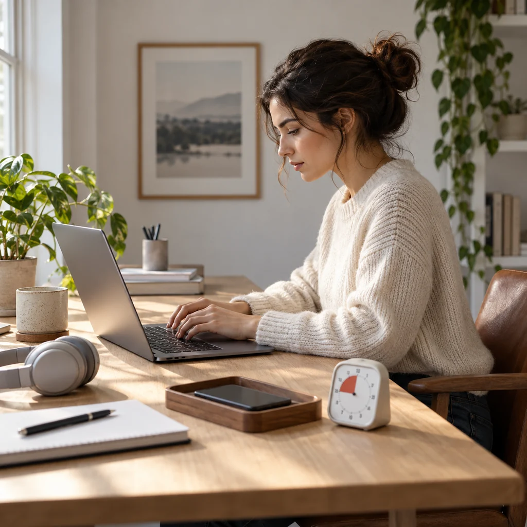 Woman working attentively at a laptop with her phone face down in a tray and a timer nearby