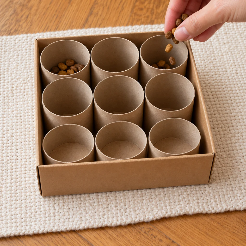 The same dry food portion placed in two taller rear tubes of a snug cardboard feeder
