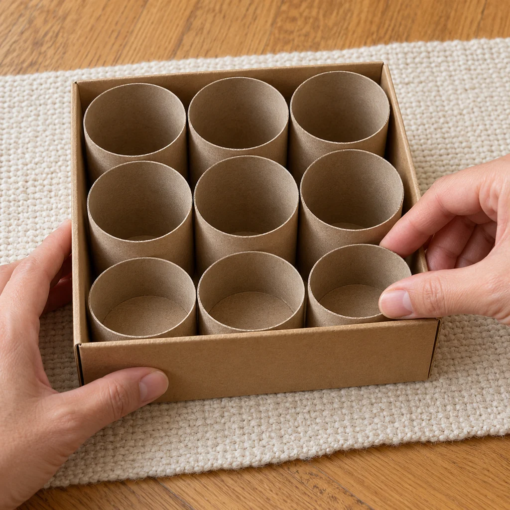 Three short tubes in front and six taller tubes behind in a snug cardboard feeder