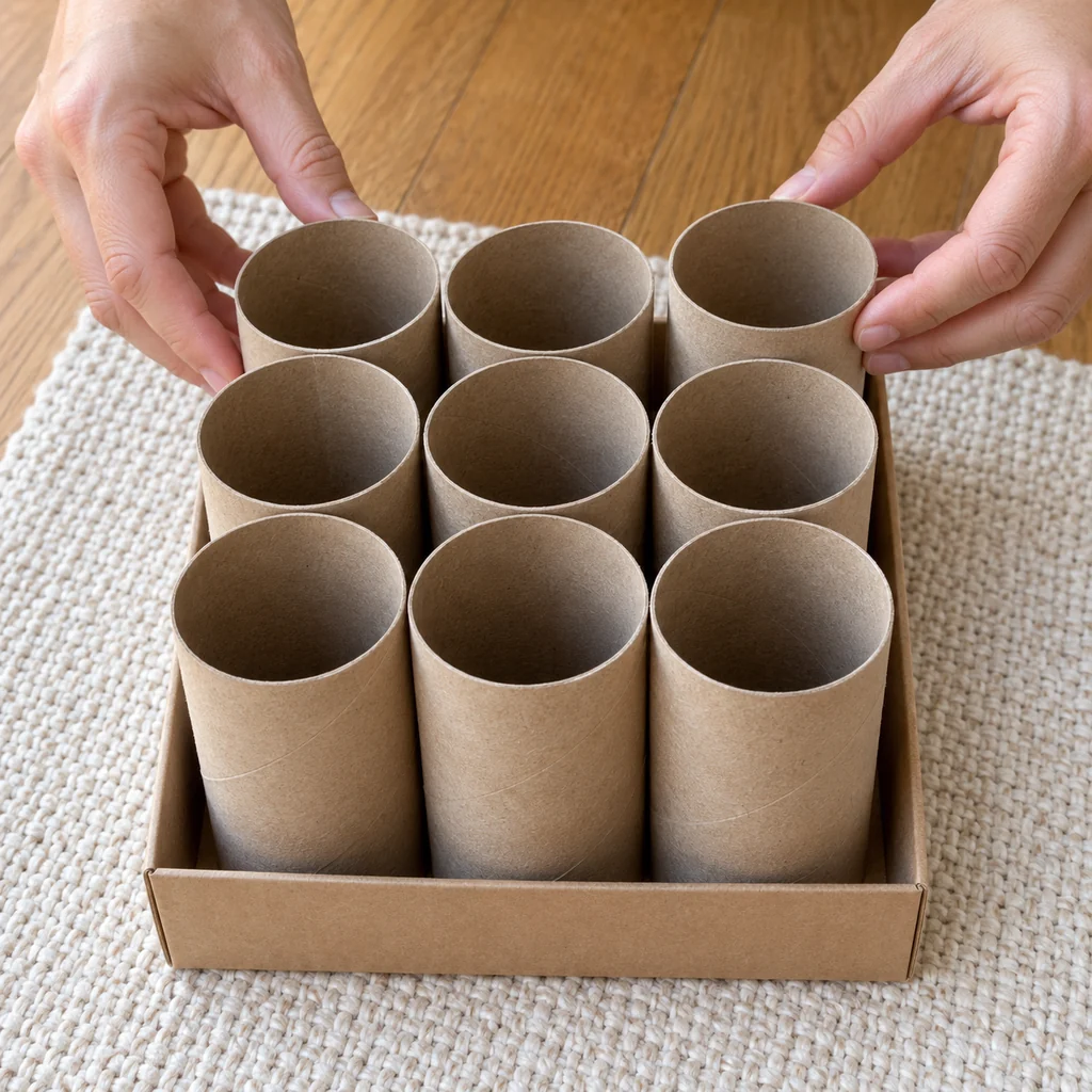 Nine upright cardboard tubes dry-fitted in a snug three-by-three grid inside a square tray