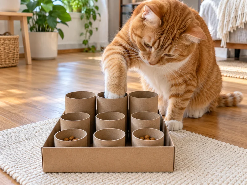 Orange tabby cat reaching into a nine-tube homemade cardboard puzzle feeder
