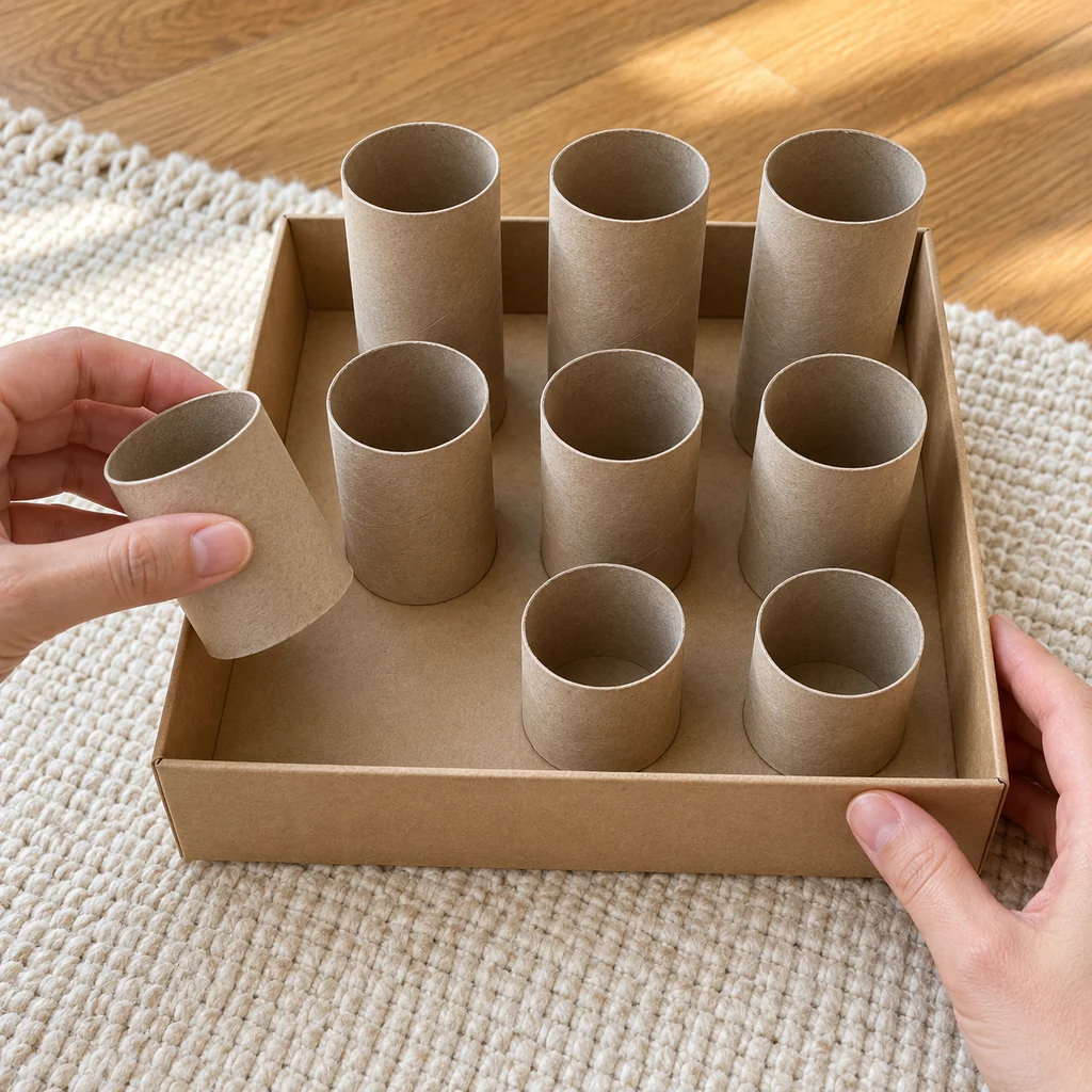 Person lifting a cardboard tube to inspect the empty feeder after use